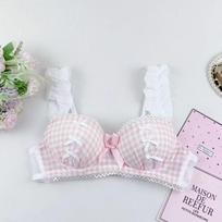 Cute Girls Bras Plaid Wireless Sexy Underwear Lace Wide Push Up Bras 32/70AB