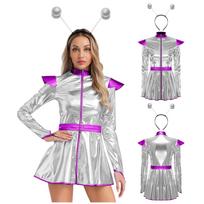 S-XXL Women's Role Play Alien Dress: Halloween Astronaut Costume, Metallic A-line with Hair Hoop & Easy Front Zipper S sidabras