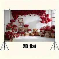 2D Flat Cute Teddy Bear & Red Rose Banner Love & Valentine Themed Backdrop for Photoshoots 47.2x31.5inch/120*80cm