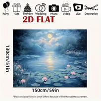 2D Enchanting Moonlight Lake Backdrop Blooming Lotus Wall Banner 47.2x31.5inch/120*80cm