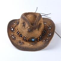 Wide Brim Western Cowboy Hat Beads Panama Cap Retro Cowgirl Visor Cap  Men kava