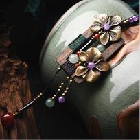 1PC Bronze Flower Long Necklace Square Wood Vintage Necklace Aventurine Crystal Ethnic Handmade Sweater
