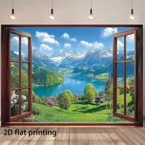 2D Swiss Alps Backdrop Open Window Lake View Background for Travel Photoshoot 47.2x31.5inch/120*80cm