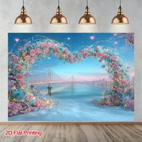 2D Dreamy Floral Bridge Backdrop Blue Sky Sea View Engagement Party Background 47.2x31.5inch/120*80cm
