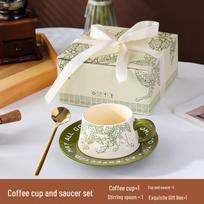 Green Ceramic Coffee Cup & Saucer Set with Spoon