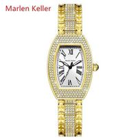Gold Tonneau Watch for Women Full Iced Out Diamond Encrusted Bezel and Band Roman Numeral Dial Waterproof Luminous Ladies Wristwatch auksas/balta