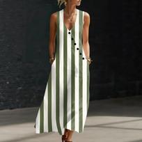 Women’s Sleeveless V Neck Button Front Cotton Linen Long Dress with Vertical Striped Print Casual Loose Fit Vest Dress S