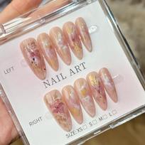 Press On Nails Nude Pink Almond with Watercolor Flower & Gold Foil Accents XS