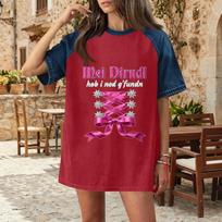 Casual Women Denim Patchwork Oktoberfest Print Top Comfortable Short Sleeve T Shirt Loose Fit Fashionable Design XXXL raudona