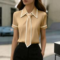 Womens Spring Tops Summer Shirts for Women Short Sleeve Office Blouse with Tie Womens Summer Tops Dressy Casual Style XL chaki