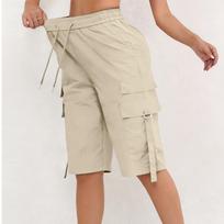 Women’s Loose Fit Drawstring Waist Bermuda Cargo Shorts with Multiple Pockets and Utility Strap Design for Casual Wear XL smėlis