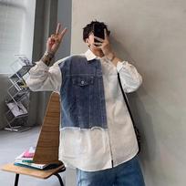 Men's White And Blue Denim Patchwork Long Sleeve Button Down Shirt M balta
