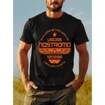 Mens casual short sleeved Tshirt in black with eyecatching orange pattern printed regular version round neck summer top S