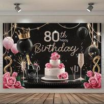 2D Black Gold 80th Birthday Backdrop with Cake, Champagne and Roses Photo Booth Banner 47.2x31.5inch/120*80cm
