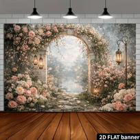 2D Dreamy Flower Arch Backdrop, Romantic Garden Lanterns Wall Hanging 47.2x31.5inch/120*80cm