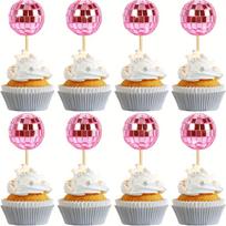 10pcs 3cm Silver Pink Disco Ball Cupcake Toppers Disco Theme Cake Decoration Mirror Ball with Wooden Stick Holiday Party Props
