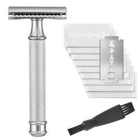 Men's Vintage Metal Razor Double Edge Safety Razor Manual Razor With 10 Shaving Blades and 1 Cleaning Brush