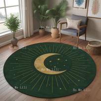 Mid Century Celestial Green Crescent Moon And Star Design For Astrology Decor Witchy Room Or Modern Mystic Round Rug Mat 60X60cm