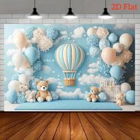 2D Hot Air Balloon Teddy Bear Backdrop with Blue Balloons and Flowers for Gender Reveal Party Decoration 47.2x31.5inch/120*80cm