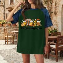 Casual Women Denim Patchwork Oktoberfest Graphic Print Short Sleeve T Shirt Comfortable Loose Fit Summer Top S