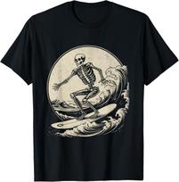 Skeleton Surfer Vintage Big Wave Surfing Funny Halloween T-Shirt S įvairiaspalvis