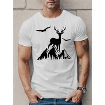 European Sizes Men'S Casual Crew Neck T-Shirt with Deer and Bird Silhouette, Summer Knit Cotton Top, Regular Fit, Slight Stretch, Geometric Pattern S įvairiaspalvis