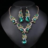 Shining Water Drop Necklace Earrings Set Crystal Women's Necklace Rhinestone Jewelry Set  Bridal žalia