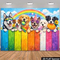 2D Colorful Fence Dog Backdrop Happy Puppy Party Rainbow Sky Photography Background 47.2x31.5inch/120*80cm