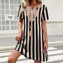 Women Short Sleeve Loose Fit Knee Length Dress with Geometric Print and Embroidered Neckline for Casual Daily Wear L juoda