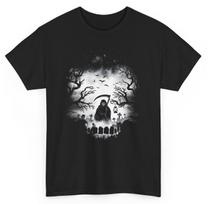 Horror Grim Reaper Halloween T-shirt - Spooky Season Scary Skull Graphic Tee S įvairiaspalvis