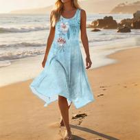 Womens Summer Dresses Sleeveless Floral Print Asymmetrical Hem Elegant Dresses for Women Beach Dresses for Women Vacation Dresses for Women 2026 XXL mėlyna
