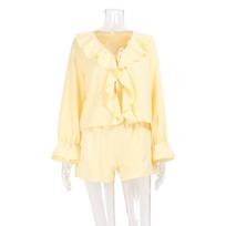 Summer new ruffle leaf casual suit French design sense horn sleeve loose top shorts two-piece set S geltona