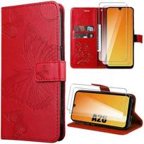 Apsauginis dėklas - BOOLING - skirtas Samsung Galaxy A26 5G - Raudonas PU oda - Drugelio raštas - 2 grūdinti stiklai raudona