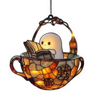 Halloween Acrylic Suncatcher Adorable Ghost Reading Book Pendant Black Cat Teacup Spooky Window Hanging Decoration for Home Parties Festivals 10cm A