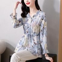 Fashion Chiffon V-Neck Floral Blouse 2023 Autumn Elegant All-match Shirring Lace Up Flare Sleeve Printed Shirt Women's Clothing L mėlyna