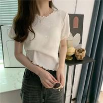 Summer New Fungus Side Women Short Sleeve T-shirt Solid Round Neck Knitted Fashion Female Clothing Versatile Slim Short Tops S balta
