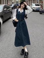 Autumn Sling Denim Vest & White Shirt Two-Piece Dress Set for Women L