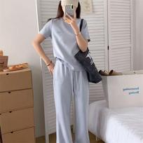 Korean Style Embroidered T-shirt & Wide-Leg Pants Two-Piece Set - Women's Summer Fashion Sportswear Extra Large šviesiai mėlyna spalva