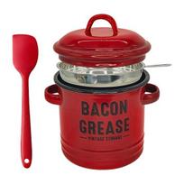 Bacon Grease Container with Strainer Scraper 46oz Ceramic Grease Saver 46oz Retro Lard Pot Cooking Up Fat Catcher raudona