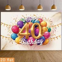 2D Colorful Balloon 40th Birthday Backdrop - White & Gold Background Banner for 40th Birthday Celebration 47.2x31.5inch/120*80cm