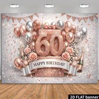 2D Rose Gold 60th Birthday Backdrop with Flowers & Gift Box Party Banner 47.2x31.5inch/120*80cm