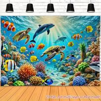 2D Ocean Animals Backdrop Underwater World Dolphin Turtle Fish Kids Birthday Party Banner 47.2x31.5inch/120*80cm