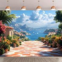 2D Summer Seaside Backdrop Blue Ocean Mountain View Background for Photo Booth 47.2x31.5inch/120*80cm