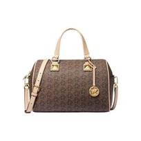 MICHAEL KORS Grayson puošta apvali logotipinė rankinė su užtrauktuku, dirbtinė oda, viena peties rankinė per kūną, vidutinio dydžio, moteriška, tamsiai ruda ruda