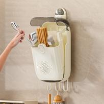 Wall Mounted Suction Cup Kitchen Utensil Holder Cutlery Storage Box Spoon Chopsticks Rack Organizer with Drainage Holes and Hooks one size smėlis