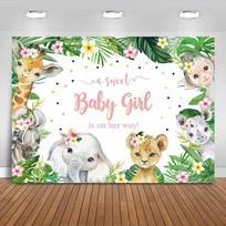 2D Baby Girl Shower Backdrop with Safari Animals and Tropical Leaves Photography Background 47.2x31.5inch/120*80cm