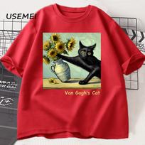 Van Goghs Cat Art Print T Shirt Funny Graphci T Shirts Cotton Trendy Summer Loose Short Sleeved Tshirt Unisex Women Harajuku Top S