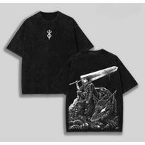 Berserk Guts (Black Swordsman) & Brand of Sacrifice Vintage Washed Double-Sided Anime T-Shirt, Unisex Dark Fantasy Manga Fan Streetwear Tee S įvairiaspalvis