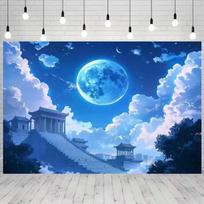 2D Anime-style Moonlit Ancient Architecture Backdrop for Fantasy Photoshoot 47.2x31.5inch/120*80cm