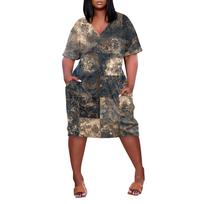 Women Plus Size V Neck Short Sleeve Knee Length Dress with Pockets Floral Print Casual Loose Fit for Summer Vintage Style XL